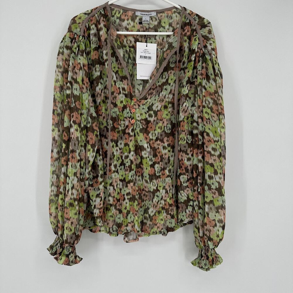 Sabina Musayev Blouse Womens Large Sheer Peach Print Button Long Sleeve Top